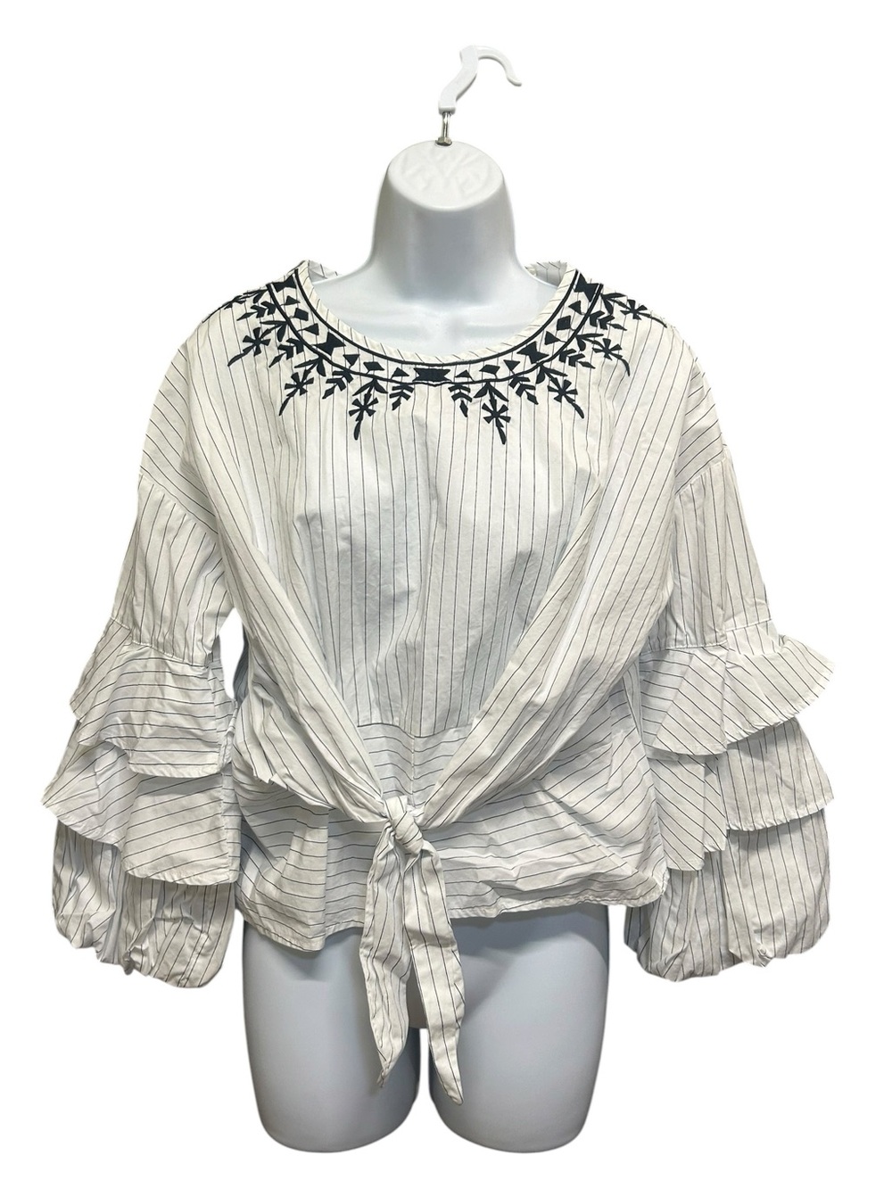 Solitaire White Blue Pin Stripe Tiered Puffy Sleeve Tie Front Blouse Size M